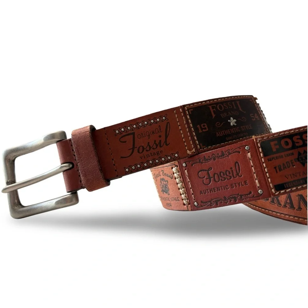 Rare Y2K VTG Fossil 54 Logo Patchwork Leather Belt | Size Medium M - Picture 2 of 14